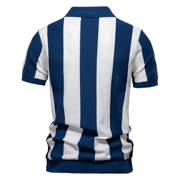 Men's short-sleeved fine knit half-zip polo with distinctive block stripes and Kent collar StylebySassy