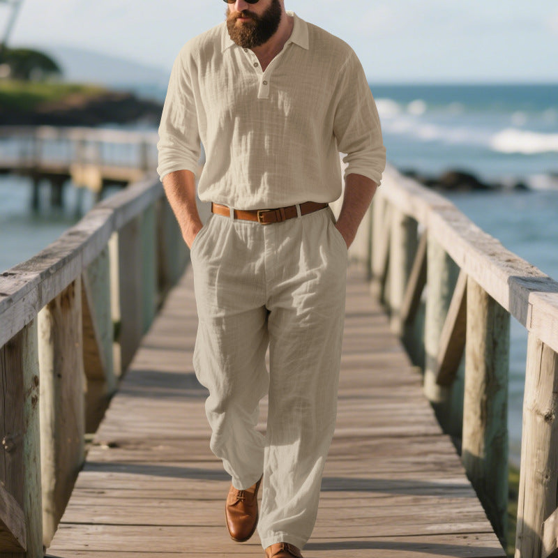 Men's airy linen two-piece set with V-neck shirt and loose pleated trousers StylebySassy