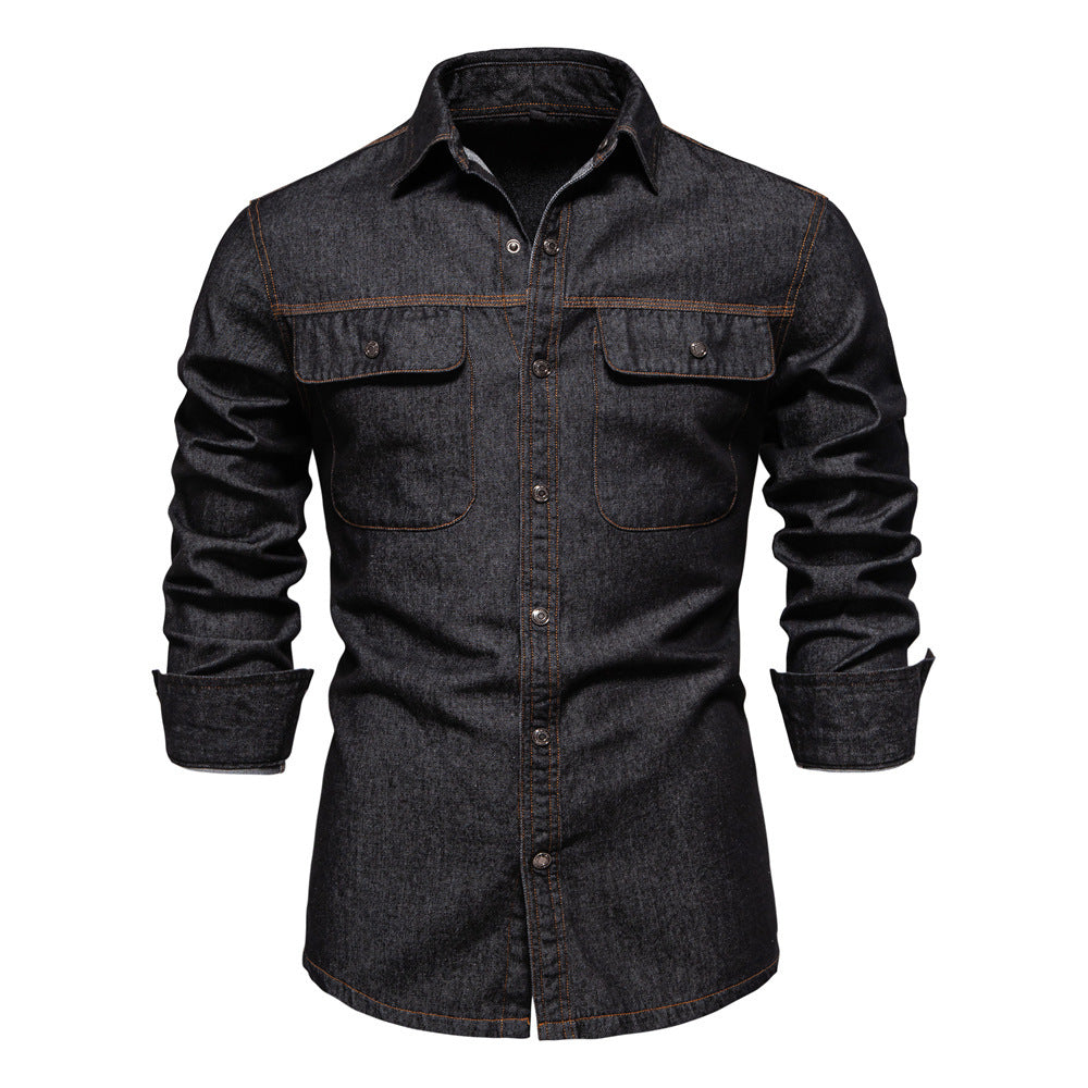 Men's light denim shirt with patch chest flap pockets and Kent collar StylebySassy