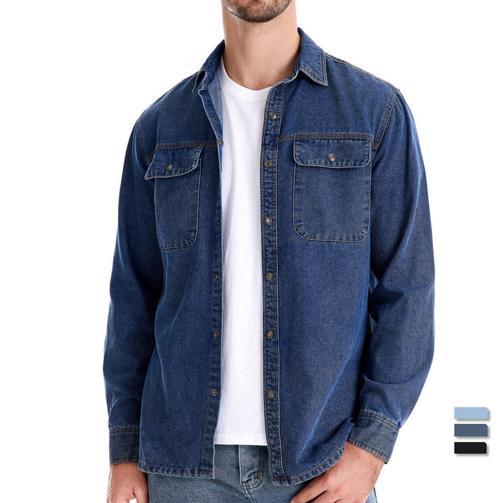 Men's light denim shirt with patch chest flap pockets and Kent collar StylebySassy