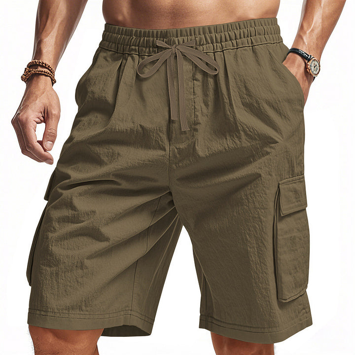 Men's casual cargo Bermuda shorts with elastic drawstring waistband, straight leg, and patch flap pockets StylebySassy