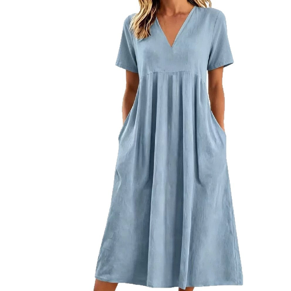 Women nan legeres V-neck midi dress with side pockets and gathered empire seam StylebySassy
