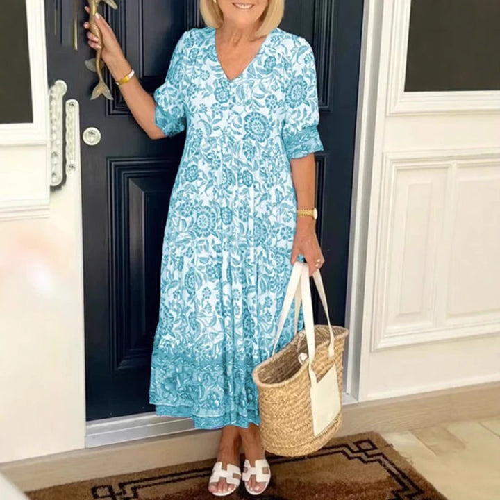Women's Casual Tiered Midi Dress with V-Neck, Gathered Yoke and Ruffled Hem StylebySassy