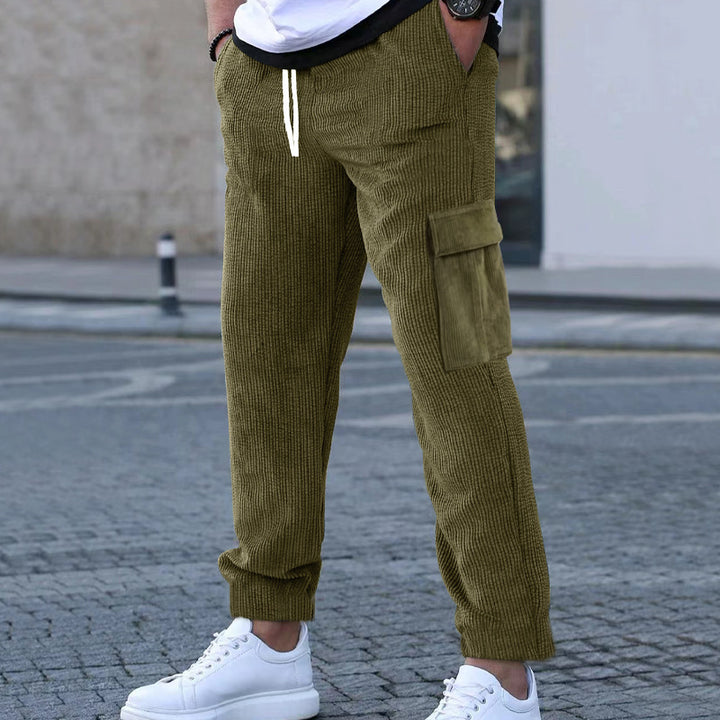 Men's tapered corduroy joggers with elastic drawstring waistband and patch flap pockets StylebySassy