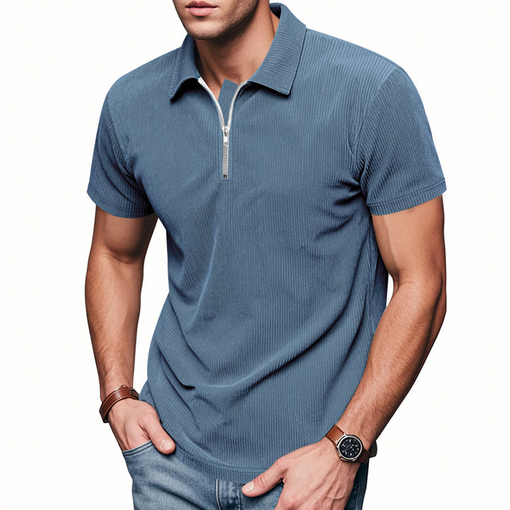 Men's short-sleeved polo with a short zipper at the collar and fine ribbed texture StylebySassy