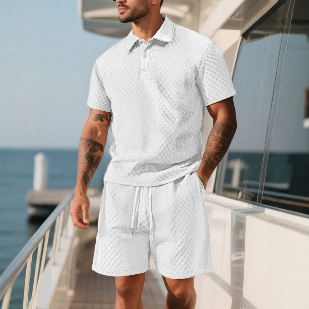 Men's elegant leisure two-piece made of textured knit with polo collar short-sleeve shirt and drawstring Bermuda StylebySassy