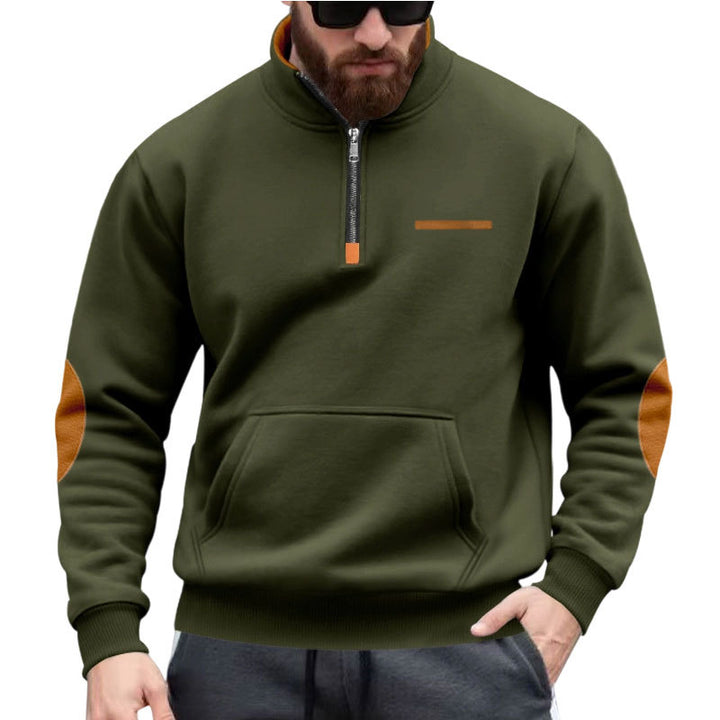 Men's half-zip sweatshirt with stand-up collar, kangaroo pocket, and elbow patches StylebySassy