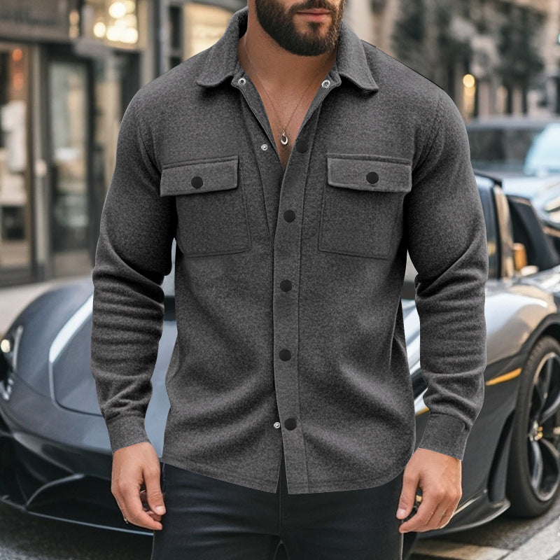 Men's sturdy wool fleece overshirt jacket with patch breast pockets and snap button placket StylebySassy
