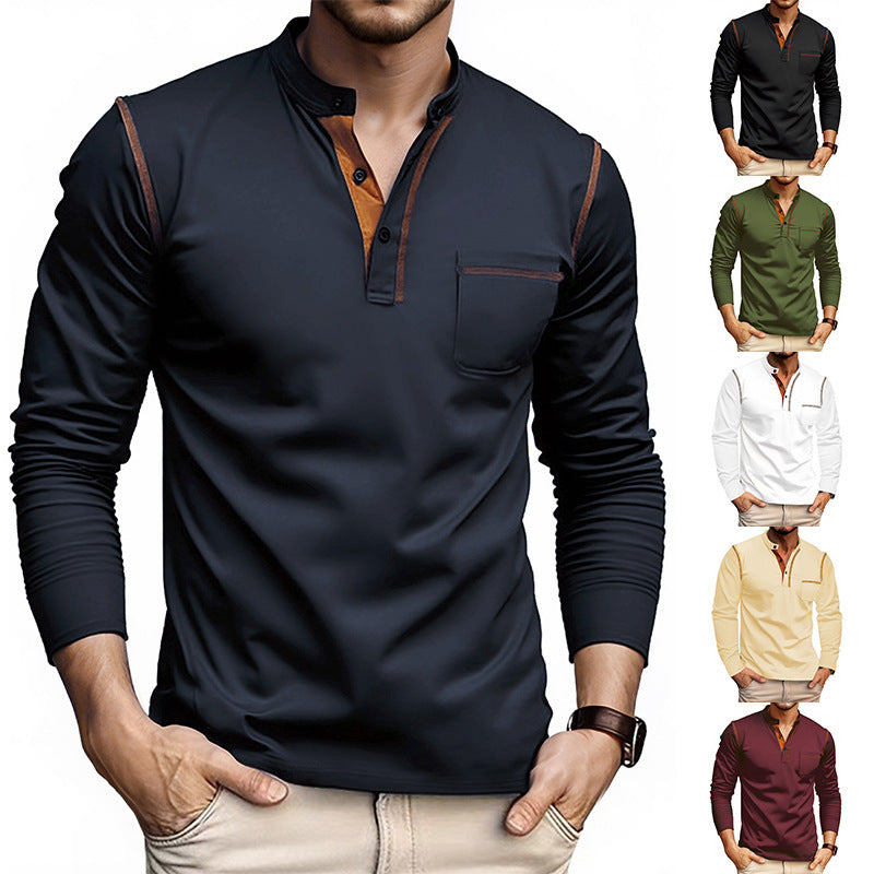 Men's Long Sleeve Shirt with Short Button Placket, Chest Pocket and Contrasting Decorative Stitching StylebySassy