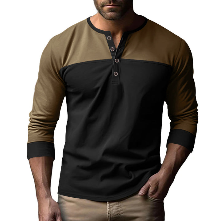 Men's long-sleeved Henley shirt with contrasting yoke, short button placket, and ribbed cuffs StylebySassy