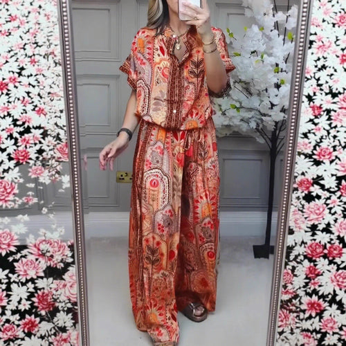 Women's Boho two-piece made of lightweight viscose with short-sleeve blouse, button placket, drawstring waistband, and wide palazzo pants StylebySassy