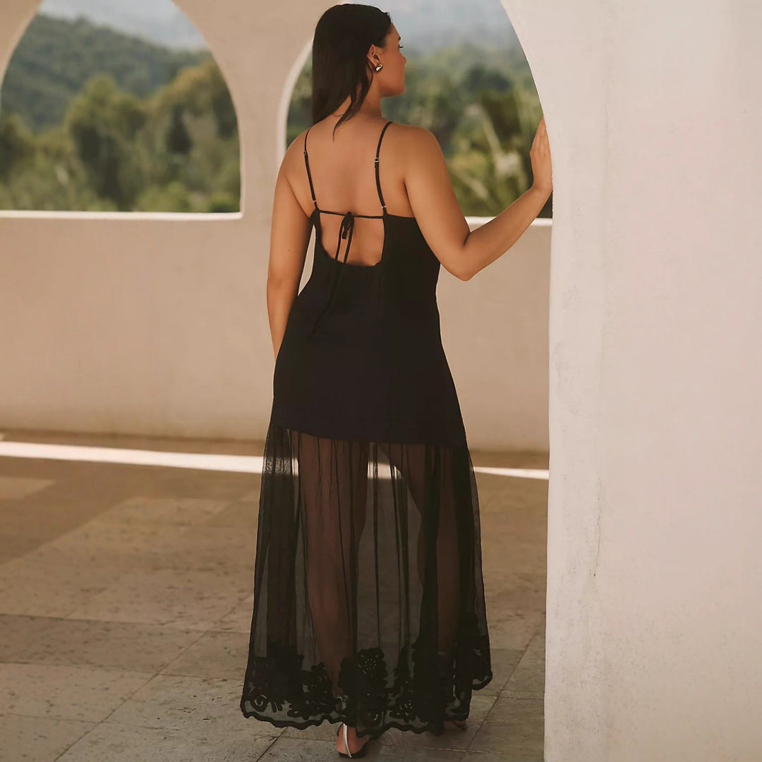 Ladies two-piece maxi dress with V-neck, spaghetti straps, and transparent tulle skirt StylebySassy