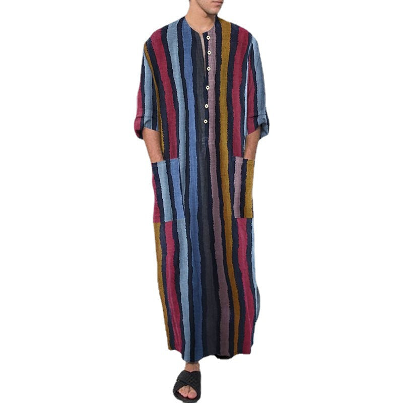 Men's ankle-length striped linen blend kaftan with stand-up collar and patch waist pockets StylebySassy