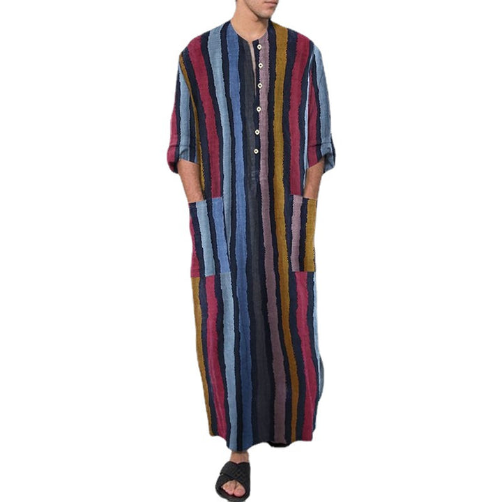 Men's ankle-length striped linen blend kaftan with stand-up collar and patch waist pockets StylebySassy