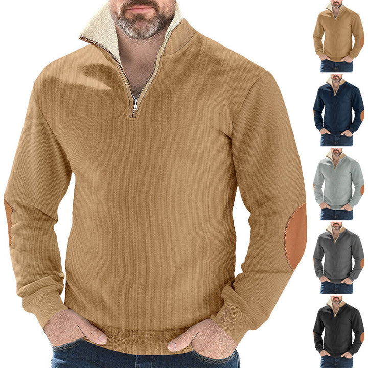 Men's structured knit half-zip pullover with warming sherpa collar and velour elbow patches StylebySassy