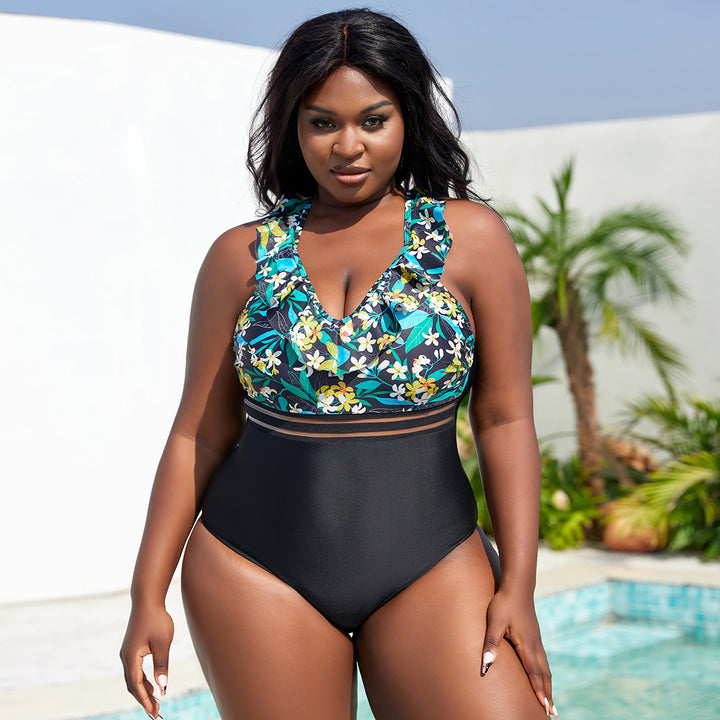 Women's High-Waisted Swimsuit with Ruffle Details and Floral Top StylebySassy