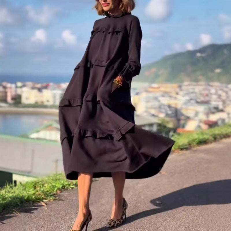 Women's nan castiges tiered midi dress with ruffled collar, gathered cuffs, and hidden side pockets StylebySassy