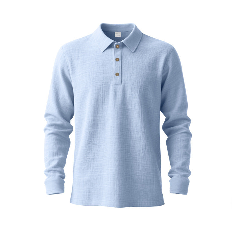 Men's long sleeve polo shirt made of cotton gauze with a shirt collar, three-button placket, and relaxed fit StylebySassy