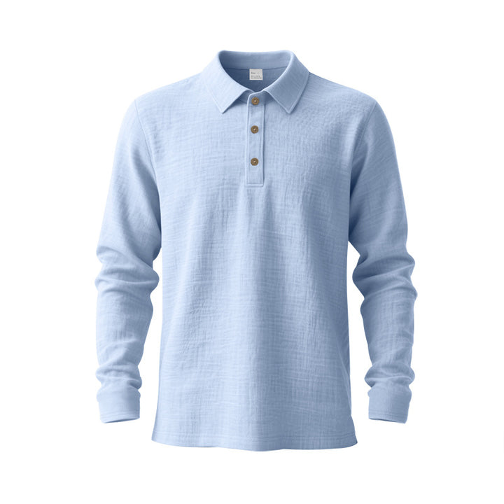 Men's long sleeve polo shirt made of cotton gauze with a shirt collar, three-button placket, and relaxed fit StylebySassy