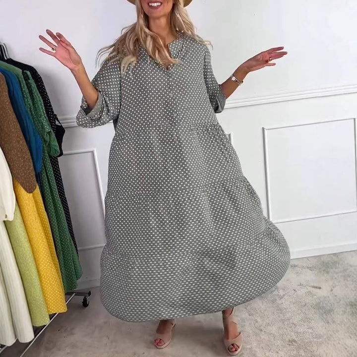 Ladies casual tiered midi dress with stand-up collar, concealed button placket and three-quarter sleeves StylebySassy