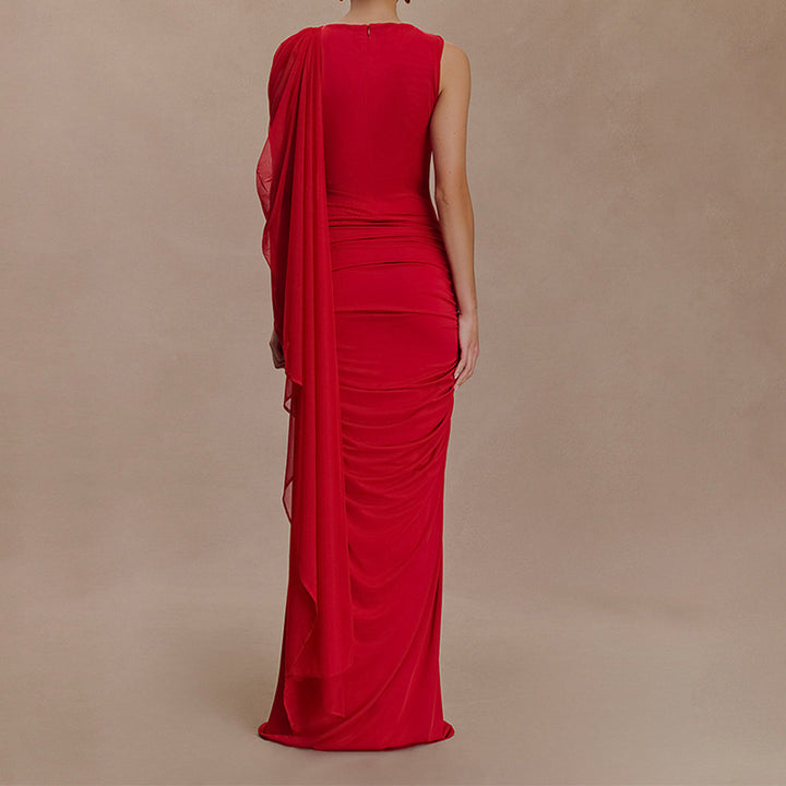 Ladies Glamorous Evening Dress with Asymmetrical Neckline and Elegant Draping Design StylebySassy