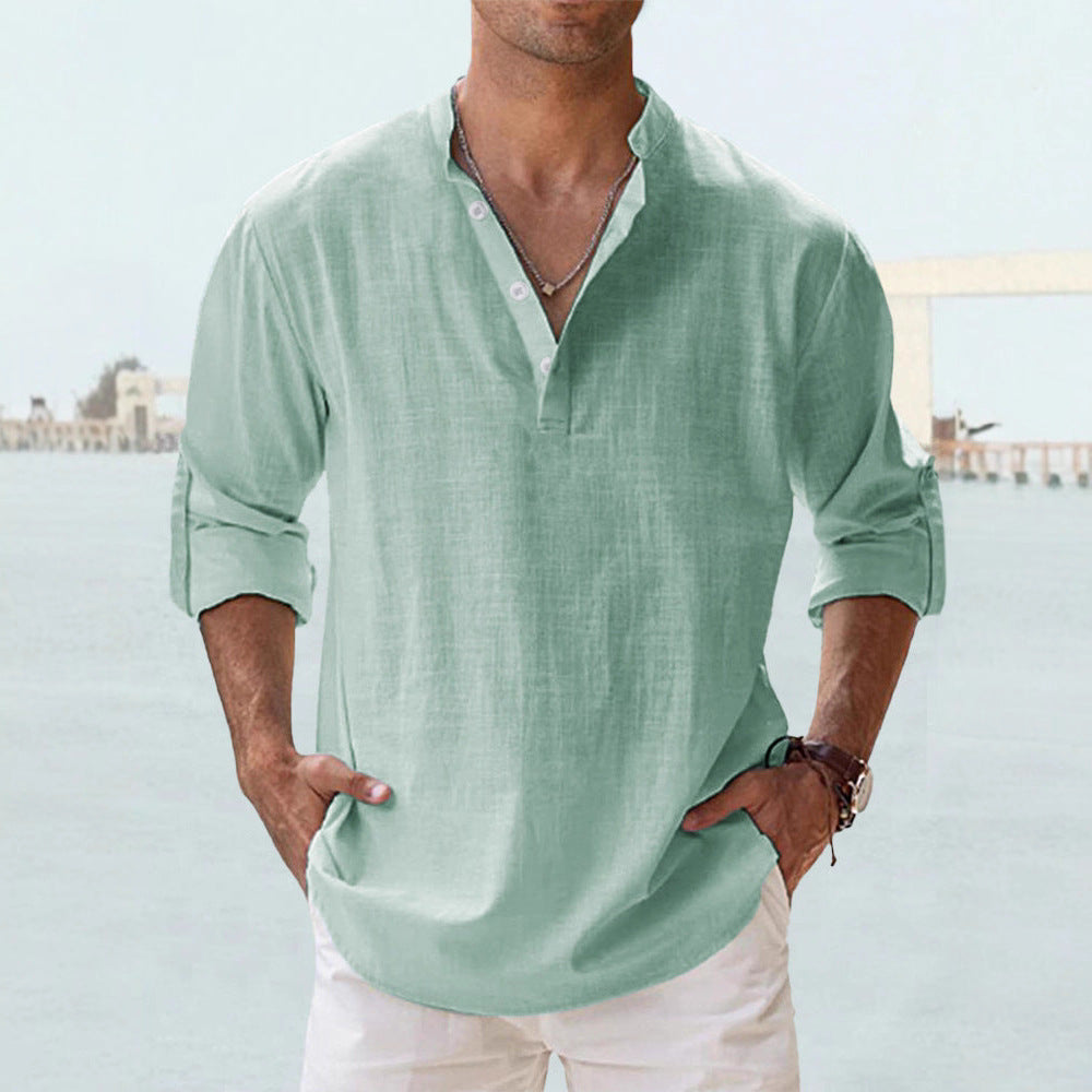 Men's nan casual linen henley shirt with stand-up collar, roll-up sleeves, and rounded hem StylebySassy