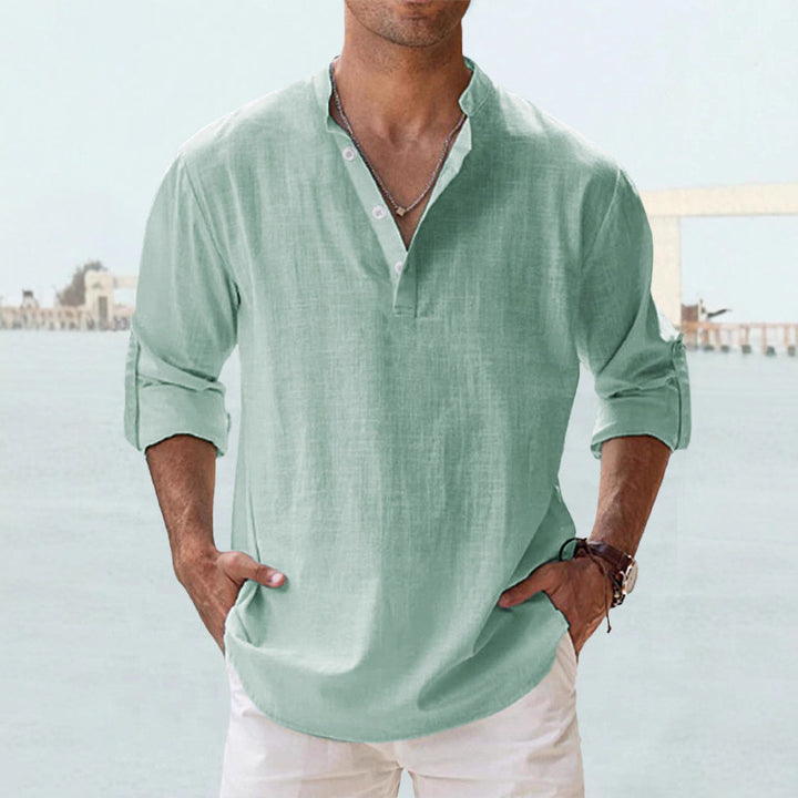 Men's nan casual linen henley shirt with stand-up collar, roll-up sleeves, and rounded hem StylebySassy
