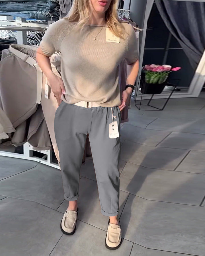 Women's casual cotton chinos with elastic comfort waistband, cuffs, and decorative belt StylebySassy