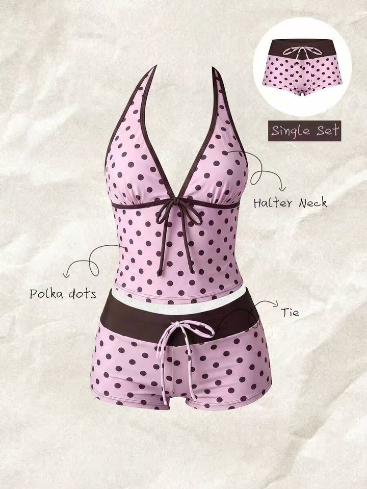 Women's tankini with fashionable polka dot pattern and adjustable halter StylebySassy