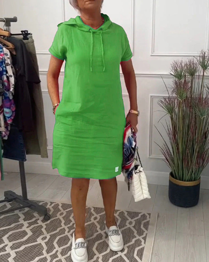 Women's casual hooded midi dress with short sleeves and straight relaxed fit StylebySassy