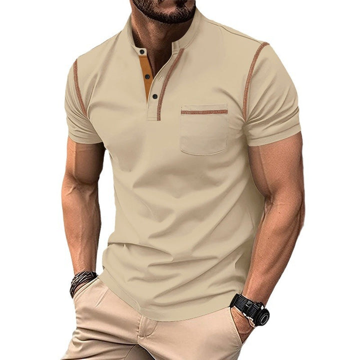 Men's short-sleeve polo in Henley style with stand-up collar, chest pocket and contrast stitching StylebySassy