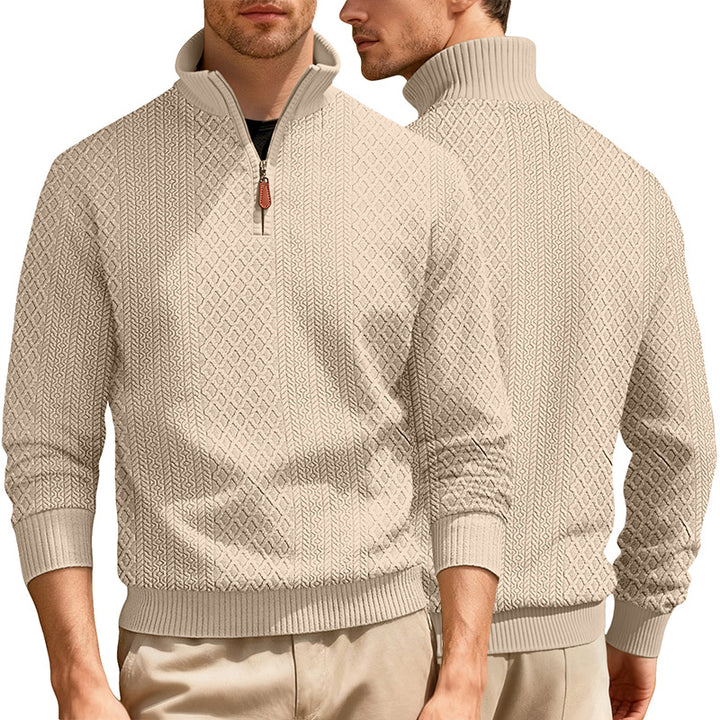 Men's half-zip pullover in fine-structured jacquard relief with high stand-up collar and leather zipper StylebySassy