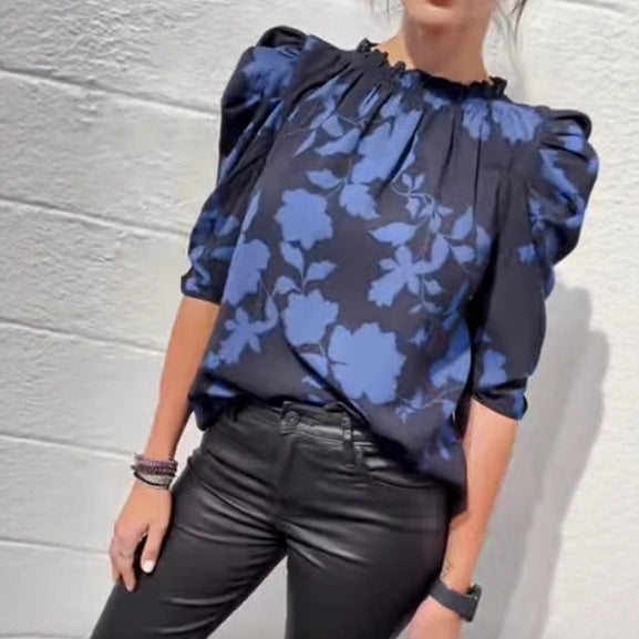 Women's wide-cut slip blouse with smocked ruffle collar and elbow-length puff sleeves StylebySassy