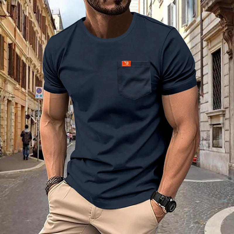 Men's single jersey short-sleeve shirt with patch chest pocket, reinforced seams, and round neckline StylebySassy