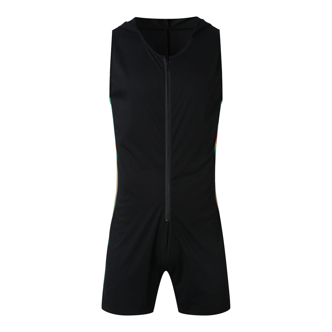 Men's sleeveless hooded short jumpsuit with full zip and ergonomic crotch solution StylebySassy