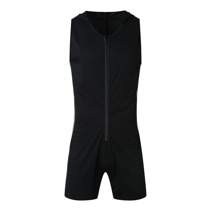Men's sleeveless hooded short jumpsuit with full zip and ergonomic crotch solution StylebySassy