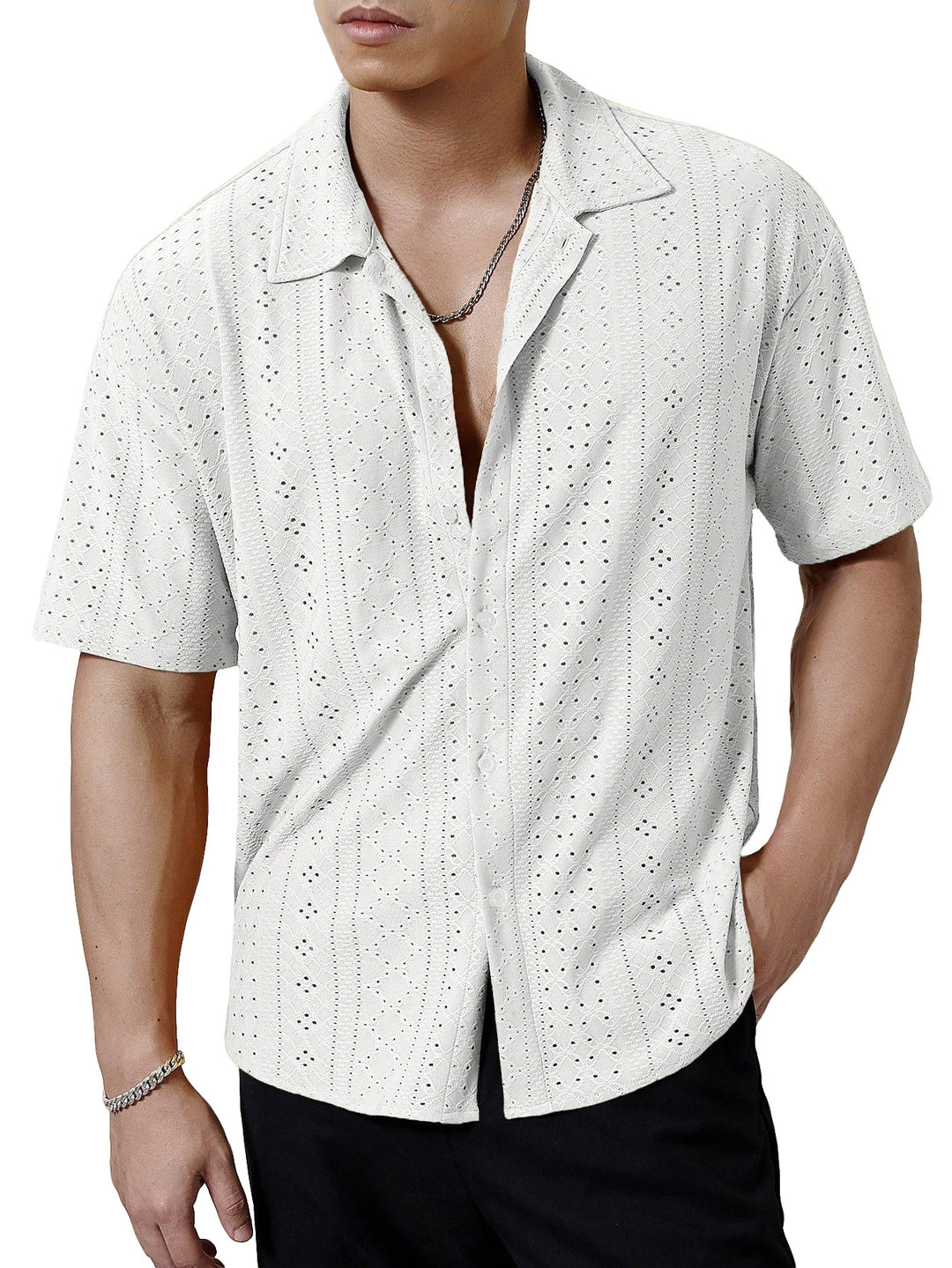 Men's short-sleeve casual shirt with openwork embroidery, lapel collar and relaxed fit StylebySassy