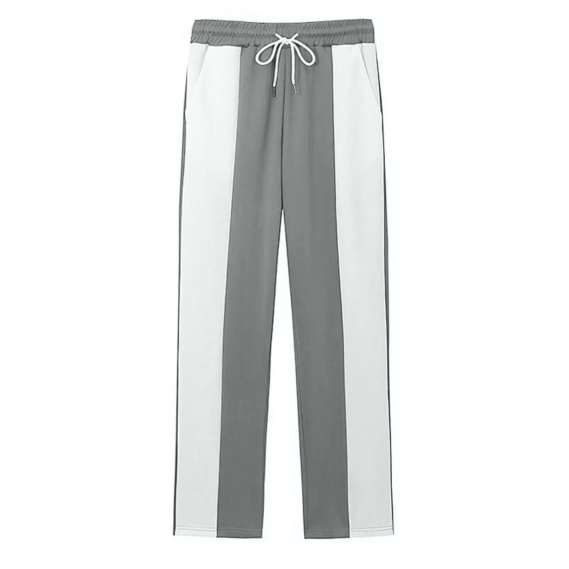 Men's sporty track pants with side contrast stripes, elastic waistband, drawstring, and deer embroidery StylebySassy