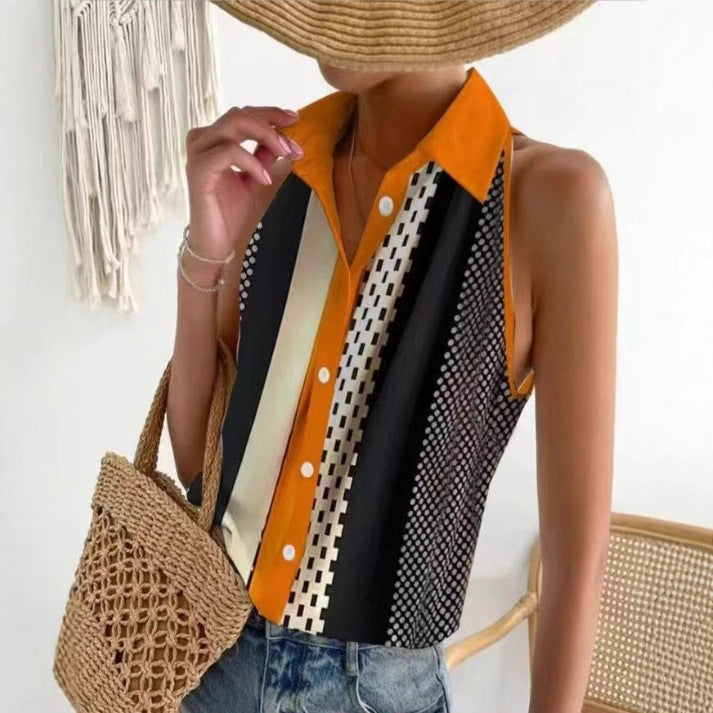 Women's sleeveless shirt blouse with collar, full button placket and graphic stripe and dot pattern StylebySassy