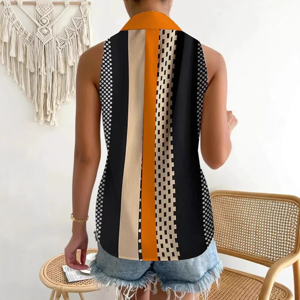 Women's sleeveless blouse top with shirt collar, continuous button placket and asymmetrical panel print StylebySassy