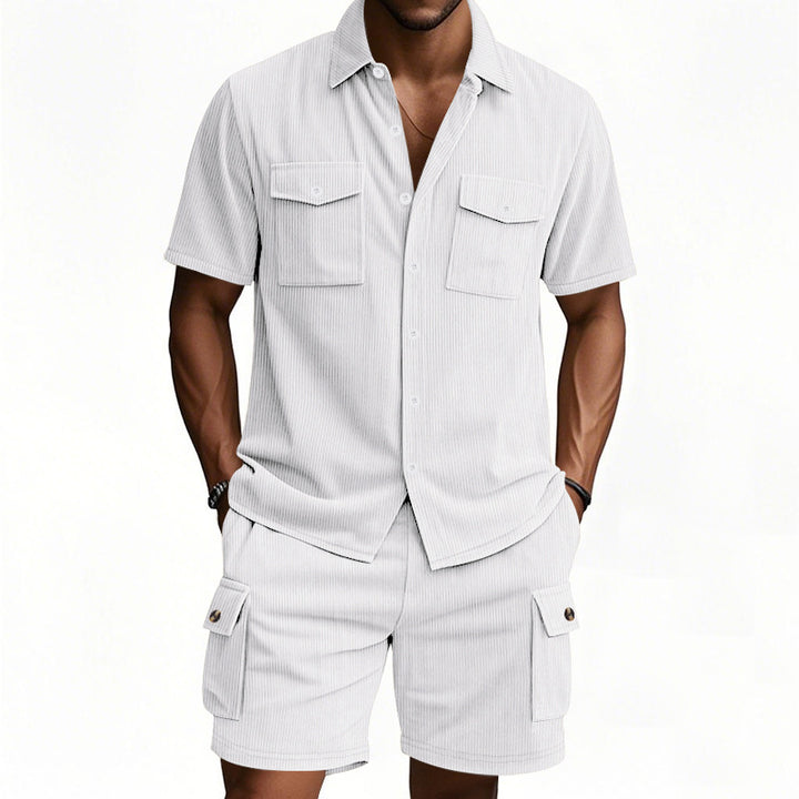 Men's structured short-sleeve shirt and bermuda set with flap pockets and elastic waistband StylebySassy