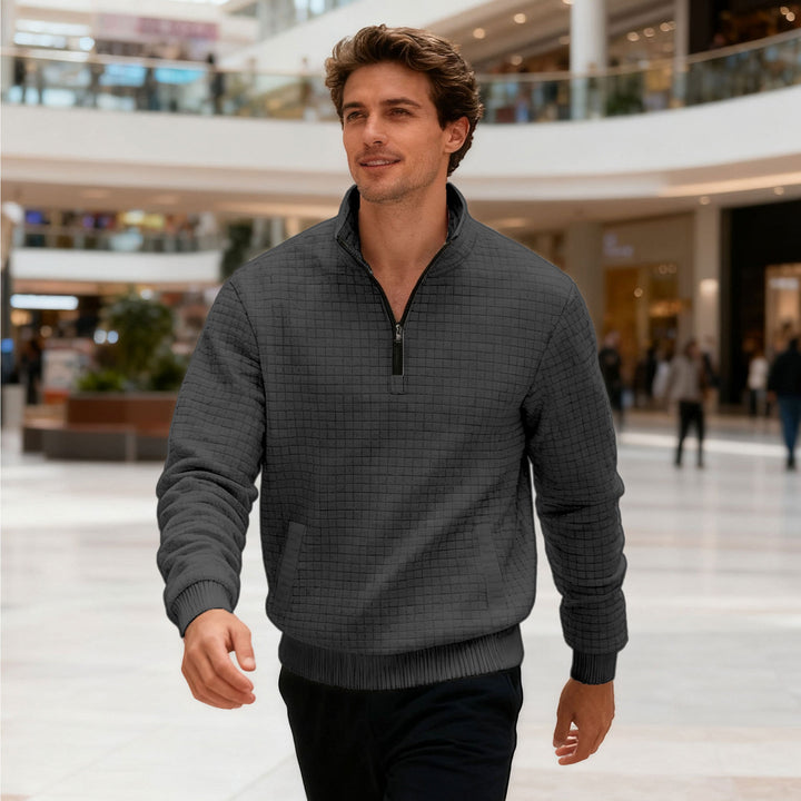 Men's quilted half-zip sweater with square waffle texture and kangaroo pocket StylebySassy