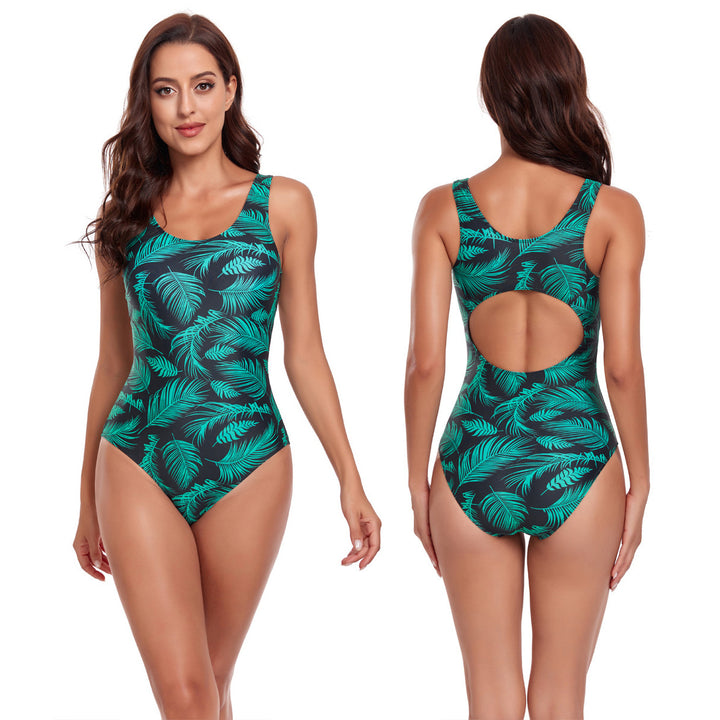 Women's one-piece swimsuit with fashionable back cutout and leaf pattern StylebySassy
