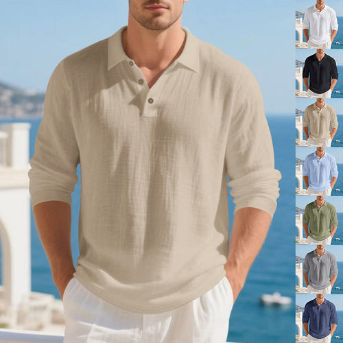 Men's Musselin Long Sleeve Polo Shirt with Collar, Short Button Placket and Natural Button Look StylebySassy