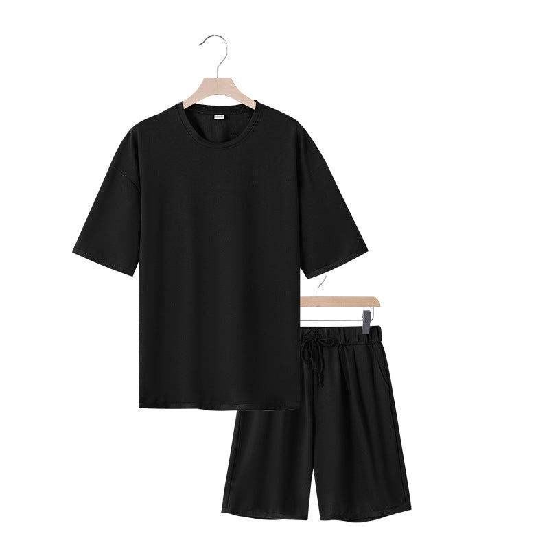Men's relaxed jersey set with extended round neck t-shirt and elastic drawstring shorts StylebySassy