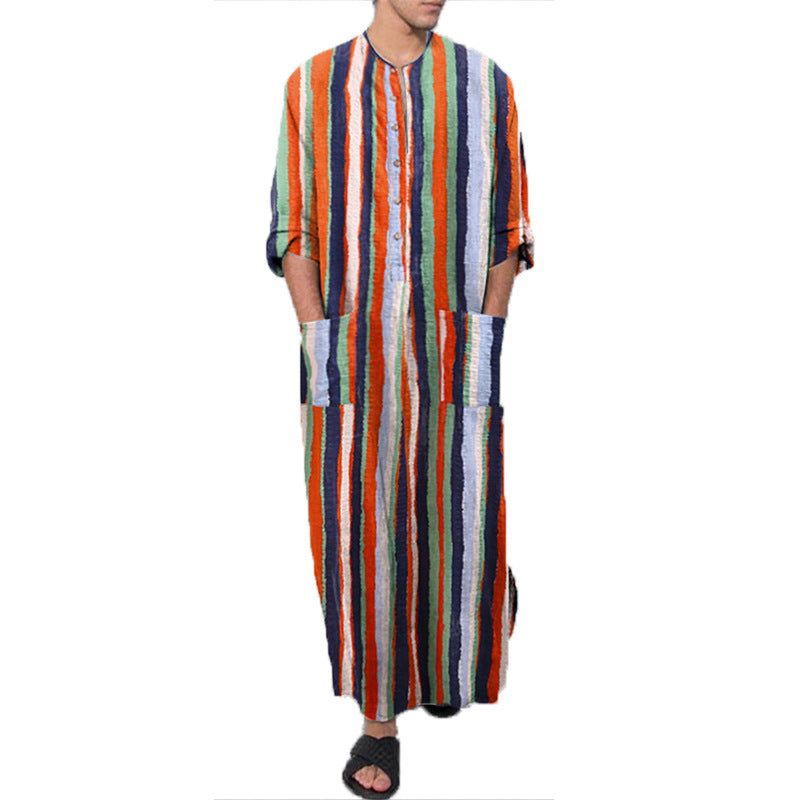 Men's ankle-length striped linen blend kaftan with stand-up collar and patch waist pockets StylebySassy