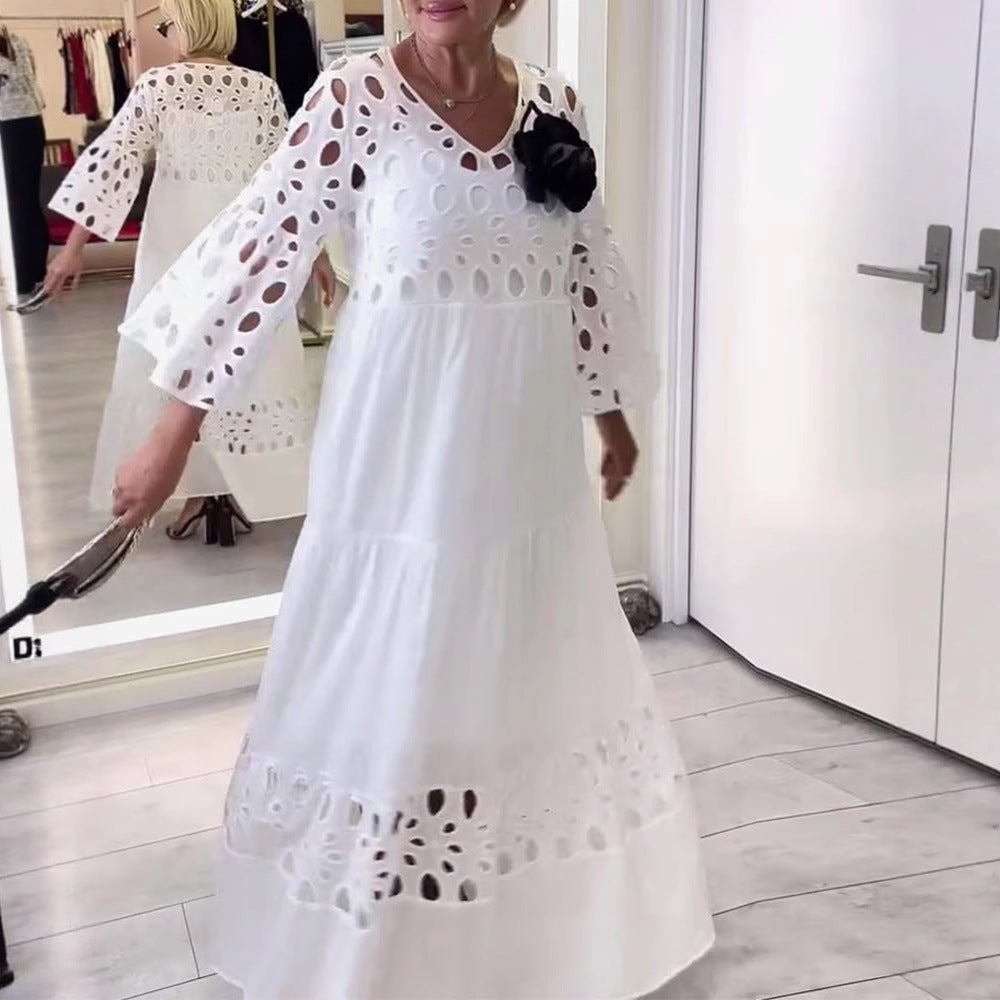 Women's maxi dress with openwork embroidery, V-neck, wide bell sleeves, and tiered hem StylebySassy