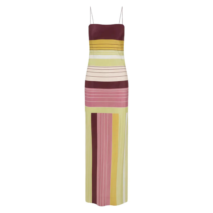 Women's figure-hugging maxi dress with spaghetti straps, straight neckline, panel stripes, and side slit StylebySassy