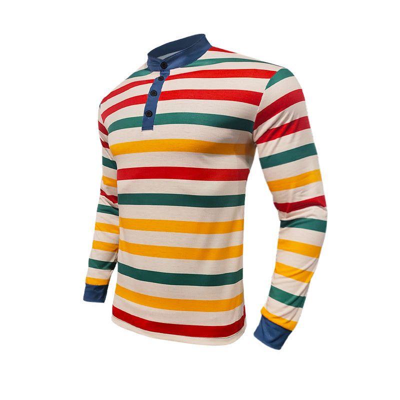 Men's striped long-sleeve Henley shirt with stand-up collar, slim fit and elastic cotton mix StylebySassy