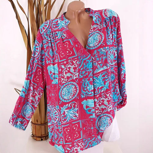 Ladies Viscose Tunic Blouse with V-Neck, Stand Collar and Gathered Shoulders StylebySassy